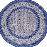 Mantel redondo de algodón con estampado de bloques Rajasthan de 72" azul