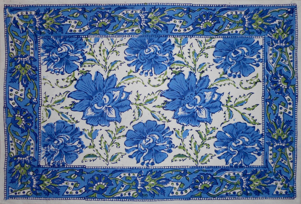 Lotus Flower Block Print Cotton Table Placemat 20" x 14" Blue