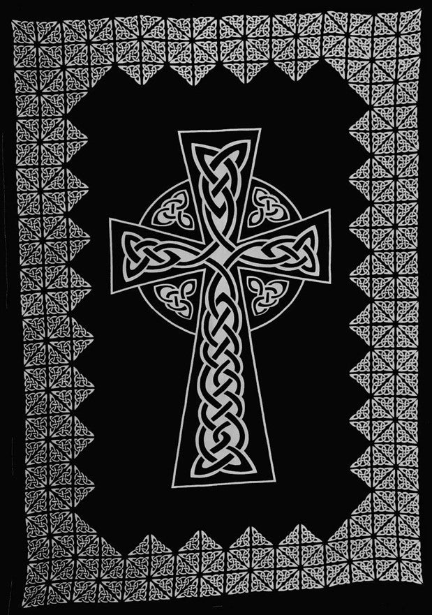 सेल्टिक क्रॉस टेपेस्ट्री कॉटन बेडस्प्रेड 104" x 86" पूर्ण काला