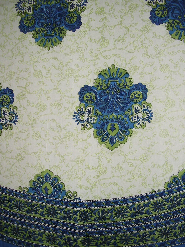 ผ้าปูโต๊ะผ้าฝ้ายกลมสไตล์เมดิเตอร์เรเนียน 88" สีฟ้าและสีเขียว