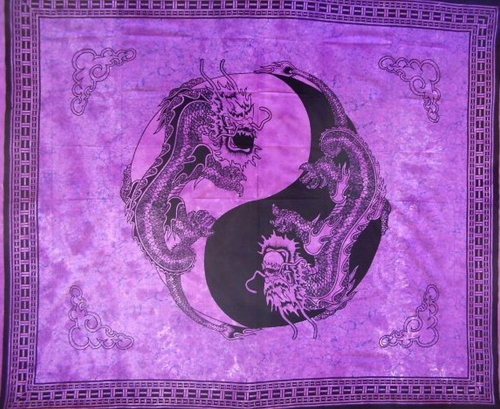 مفرش سرير من القطن المزخرف بنسيج Yin Yang Dragon مقاس 108 بوصة × 88 بوصة باللون الأرجواني الكامل
