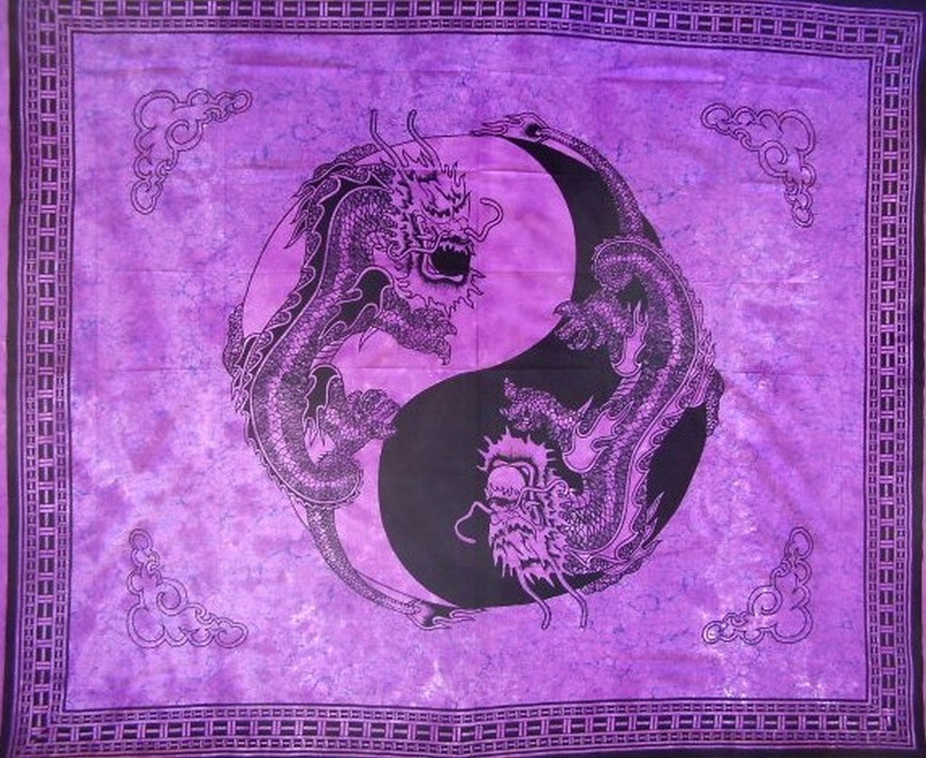 Yin Yang Dragon Tapestry Βαμβακερό κάλυμμα κρεβατιού 108" x 88" Full-Queen Purple