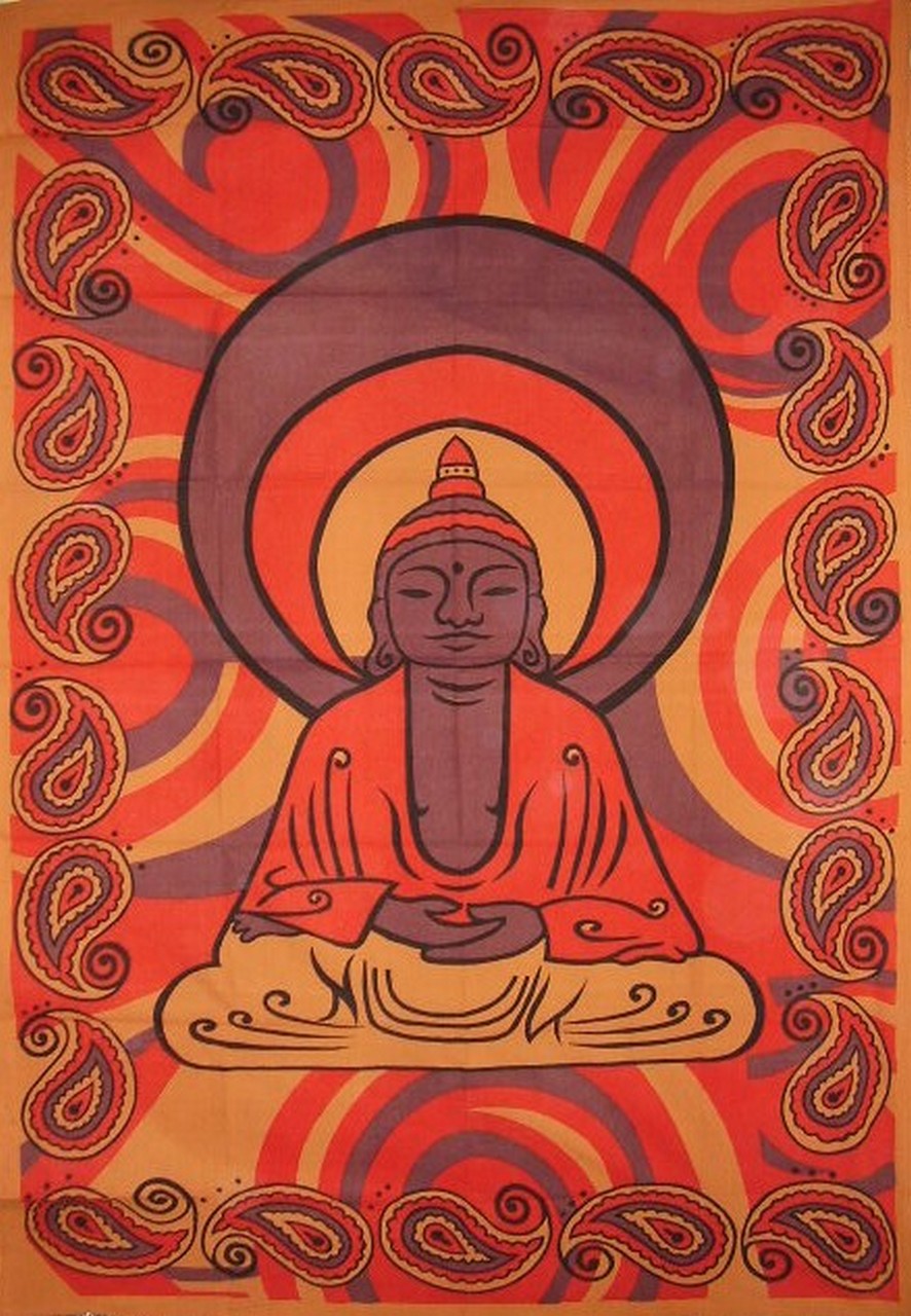 Гоблен с принт на Буда, памучен стенен 86" x 60" кафяв