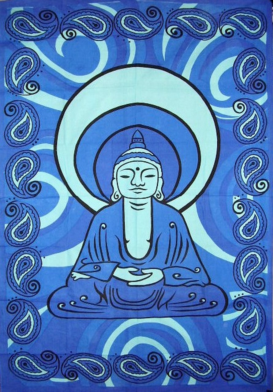 Tapiz de algodón con estampado de Buda para colgar en la pared, 86 "x 60", azul 