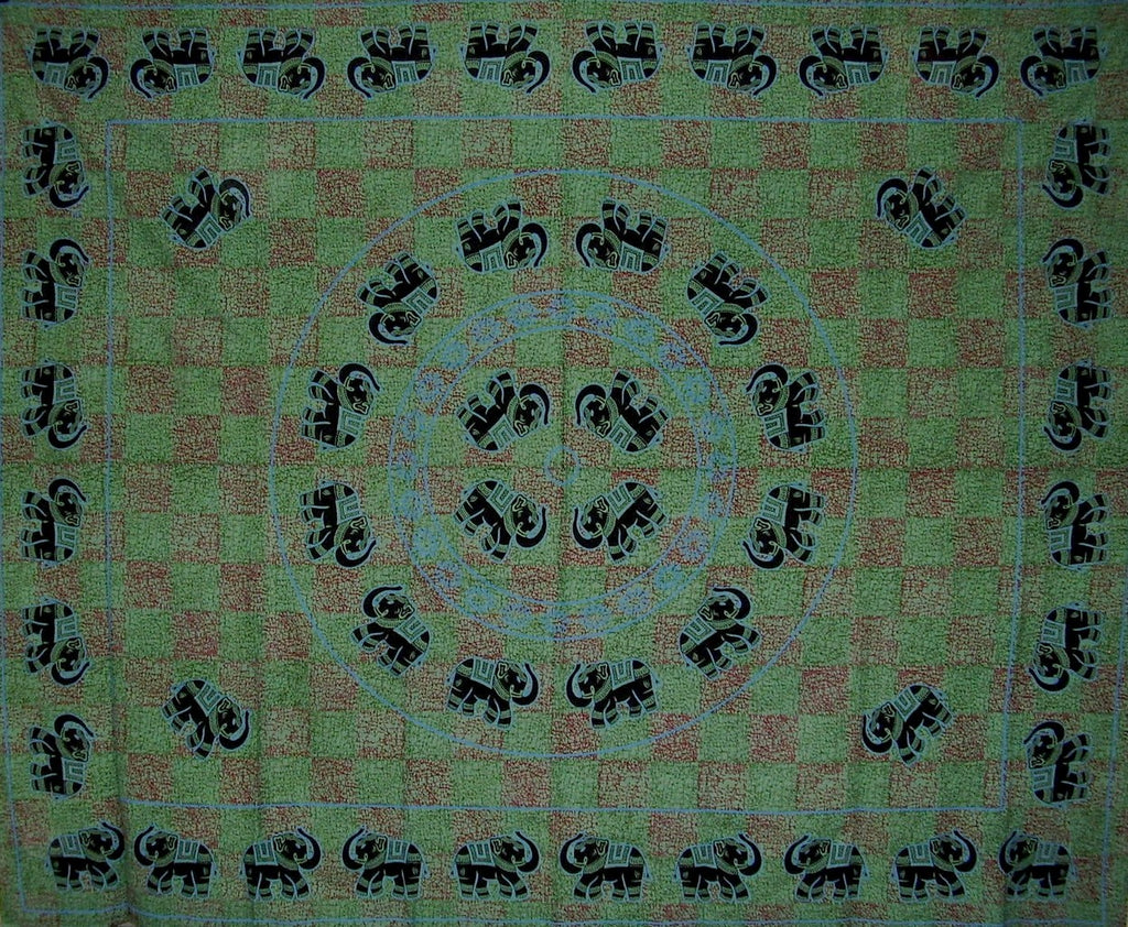 Mandala Elephant Tapestry Cotton Bedspread 108" x 88" Full-Queen Green
