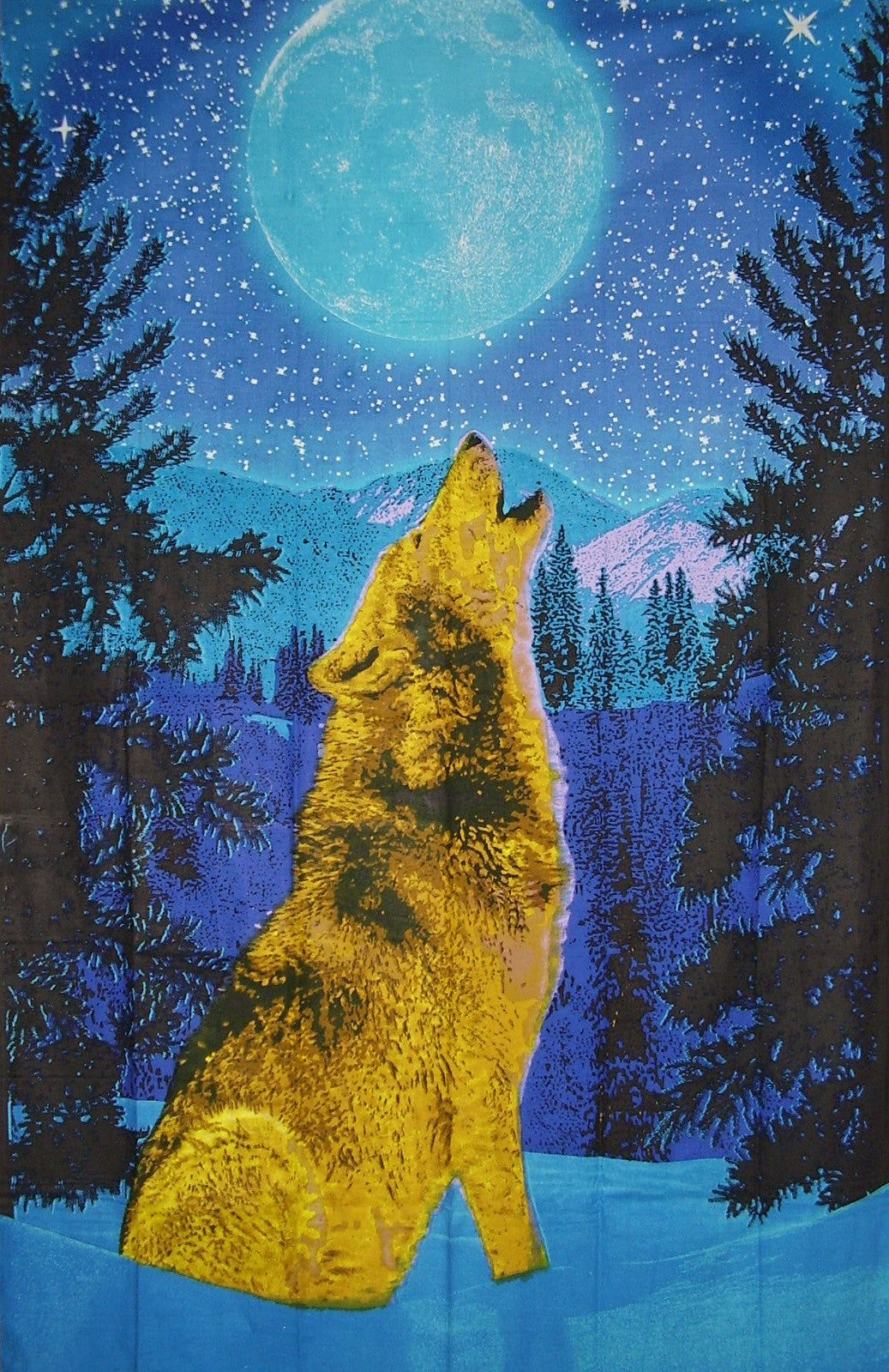 3-D Howling Wolf Glow-in-the-Dark พิมพ์ผ้าฝ้ายแขวนผนัง 90 "x 60" สีฟ้าเดี่ยวพร้อมแว่นตา 3-D ฟรี 