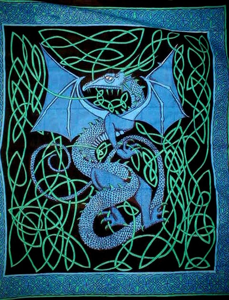 Celtic Dragon Tapestry Cotton Bedspread 108" x 88" Full-Queen Blue