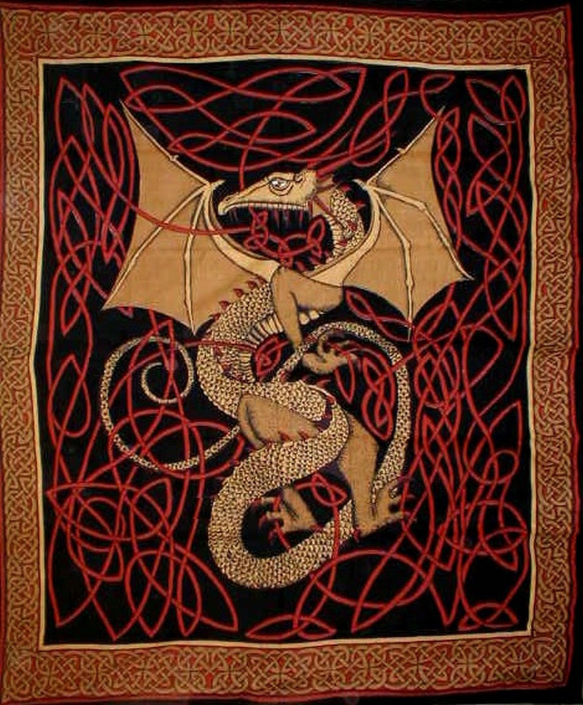 Celtic Dragon Tapestry Cotton Bedspread 108" x 88" Full-Queen Red